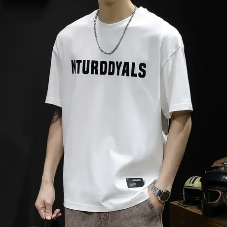 白色短袖t恤男士潮牌大码夏季2023新款衣服男款纯棉男装字母体恤商品大图