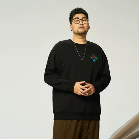 黑劲大码男装卫衣秋季新款潮流趣味印花加肥加大胖子圆领宽松上衣商品大图