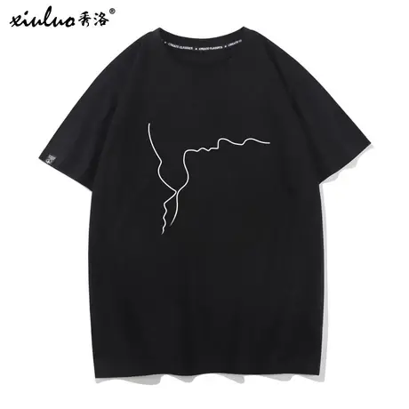 秀洛简约脸型线条t恤男女情侣短袖暧昧2021夏季新款ins潮流体恤男商品大图