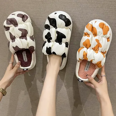 厚底棉拖鞋女秋冬季外穿可爱奶牛加绒保暖pu防水防滑室内居家拖鞋商品大图