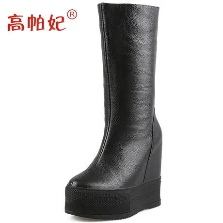 小个子骑士靴女不过膝瘦瘦靴松糕防水台套筒厚底真皮内增高中筒靴图片