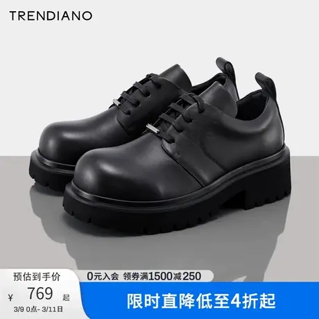 TRENDIANO官方复古圆头厚底男鞋百搭黑色潮新款冬季商品大图