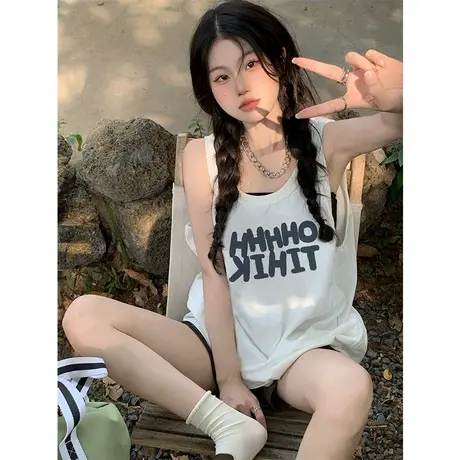 纯棉港风吊带运动坎肩背心无袖t恤女夏季外穿篮球服宽松挂脖上衣图片
