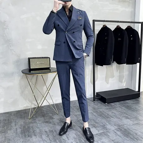 意式戗驳领条纹双排扣修身西装男春季垂感外套商务通勤西服两件套商品大图