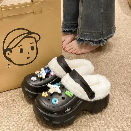 高跟洞洞鞋女士冬季网红外穿可爱DIY加绒厚底保暖防滑包头棉拖鞋商品大图