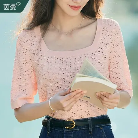 茵曼旗舰店方领薄针织衫上衣女2023夏季新款镂空小衫别致短袖T恤商品大图