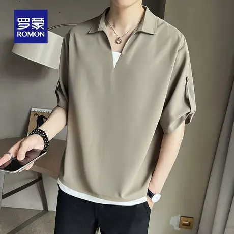 罗蒙男士V领短袖T恤夏季薄款轻商务休闲带翻领假两件五分袖Polo衫图片