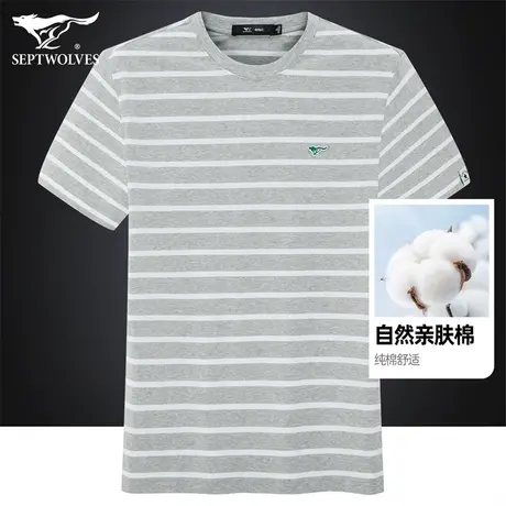 七匹狼狼族生活纯棉短袖T恤男夏季条纹肌理提花圆领体恤男士上衣商品大图