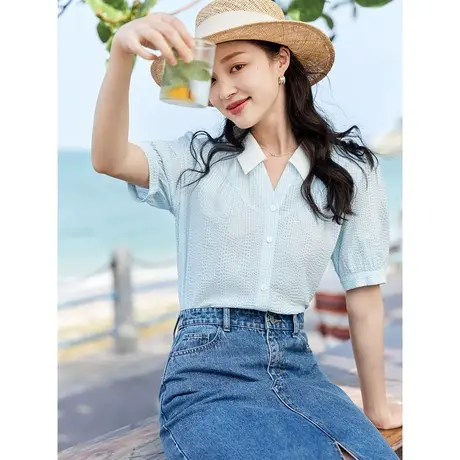 茵曼文艺清新衬衣2023夏女装新款V型领衬衫领泡泡袖宽松显瘦上衣图片