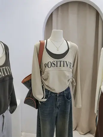 假两件撞色字母圆领长袖t恤女秋季设计感抽绳遮肚显瘦短款厚上衣图片