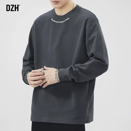 男生深灰色长袖t恤男美式春秋季圆领男装2023新款套头卫衣打底衫商品大图