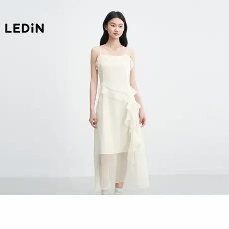 乐町轻法式吊带连衣裙女2025年夏季新款细肩带荷叶边拼接设计裙子图片