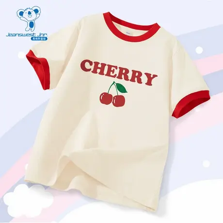JU真维斯女童纯棉短袖T恤2025夏季新款樱桃印花拼色圆领套头上衣商品大图