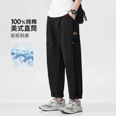 hansca美式纯棉休闲裤子男2025新款春季潮牌宽松拼接工装直筒长裤商品大图