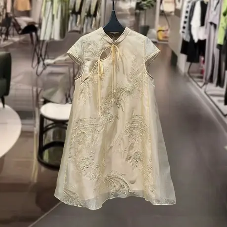 爵莱菲大码香槟色刺绣新中式国风改良式旗袍裙女2025小个子连衣裙商品大图