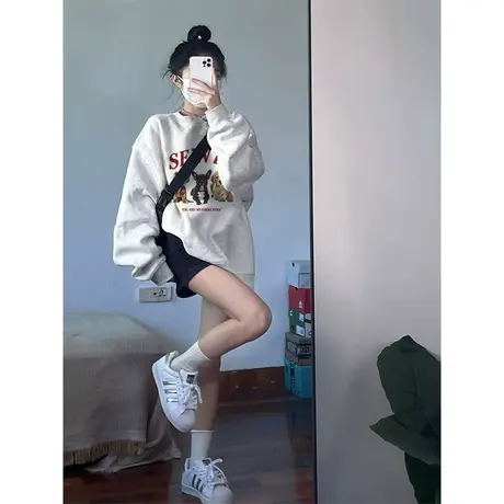 慵懒风大码韩版chic无帽卫衣女潮ins复古休闲加绒款秋冬温柔上衣商品大图