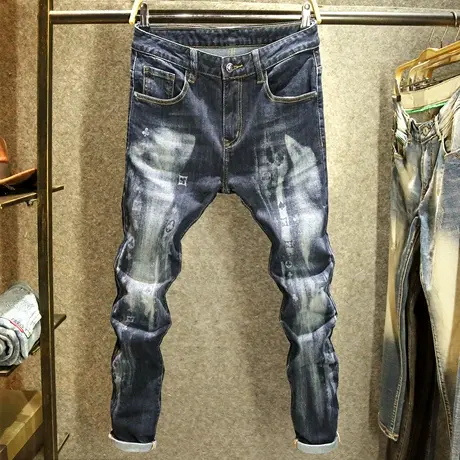 潮牌手绘刷漆磨白牛仔裤男秋冬季美式vibe风高街裤子韩版修身长裤商品大图