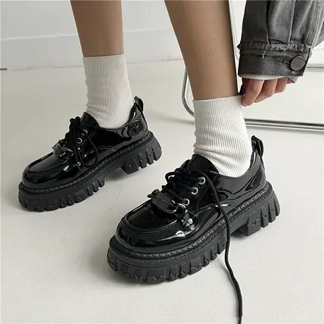 黑色厚底系带小皮鞋女甜酷玛丽珍鞋矮子乐松糕鞋子辣妹英伦风单鞋商品大图