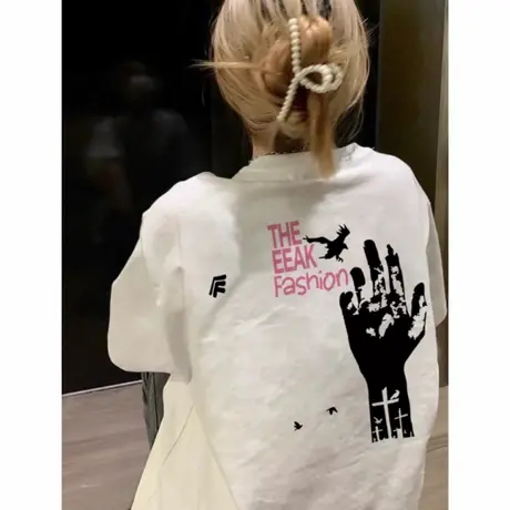 纯棉白色短袖t恤女2025新款夏季美式高街潮牌宽松设计感半袖上衣商品大图