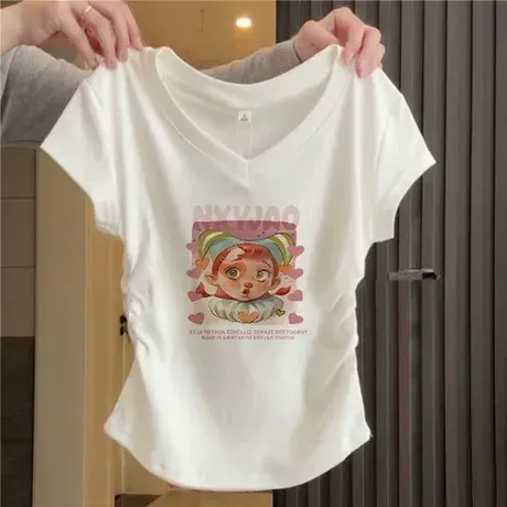 v领短袖t恤女款粉色多巴胺正肩辣妹修身显瘦抽褶短款小上衣夏季商品大图