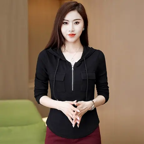拉夏贝尔连帽修身长袖T恤女2025秋新款韩版显瘦时尚减龄打底衫衣商品大图