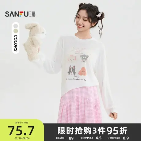 三福长T恤2025秋季小狗印花宽松轻薄罩衫上衣女装508626商品大图