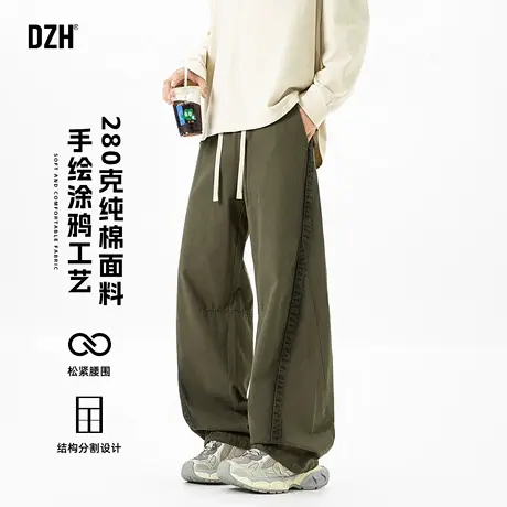 男士军绿色纯棉裤子男款秋季美式高街休闲裤直筒长裤男裤2025新款商品大图