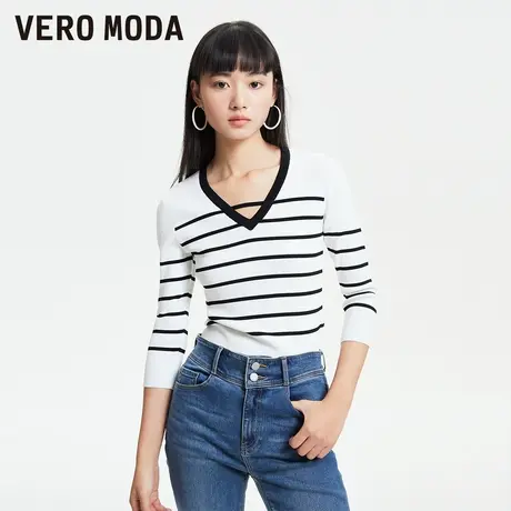 Vero Moda奥莱针织衫毛衣女春秋新款简约舒适V领条纹七分上衣流行图片