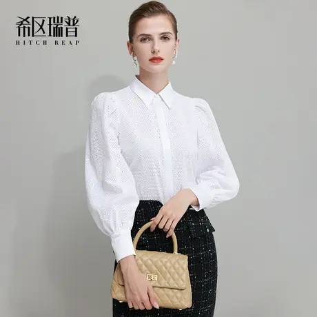 希区瑞普法式高端漂亮上衣初春秋女刺绣泡泡袖独特镂空衬衫长袖图片