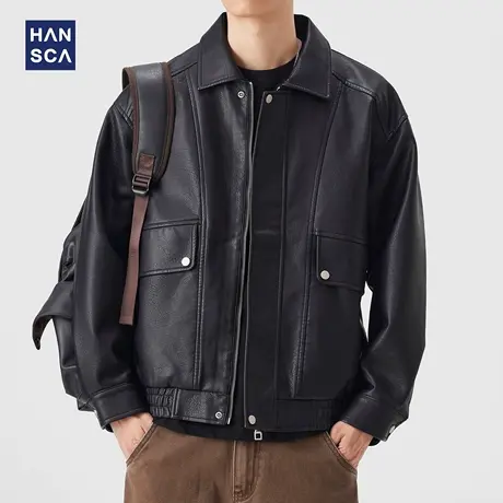 hansca秋季黑色皮衣外套男美式复古宽松翻领工装口袋2025新款夹克商品大图