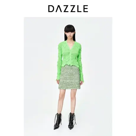DAZZLE地素奥莱23春装新款绿色修身V领提花针织开衫外套内搭上衣图片