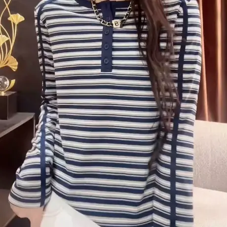 设计感条纹撞色长袖T恤女2025秋季新款时尚百搭正肩显瘦打底上衣商品大图