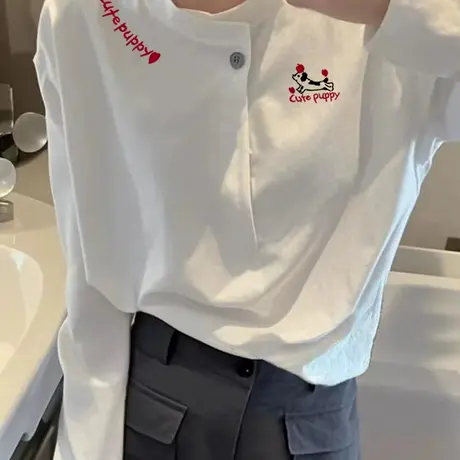白色长袖半开领打底衫女2025早秋新款设计感一粒纽显瘦减龄款上衣商品大图