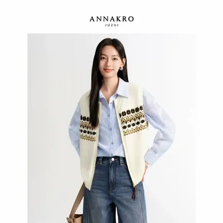 玖姿安娜蔻复古费尔岛提花100%绵羊毛马夹开衫毛衫女2026春季新款图片
