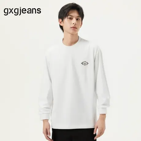 gxg.jeans男装 白色细致绣花基础休闲圆领长袖T恤内搭 25年春新品图片