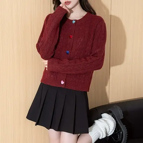 唐狮秋冬季女毛衣复古撞色爱心纽扣圆领开衫红色费尔岛外套TD商品大图