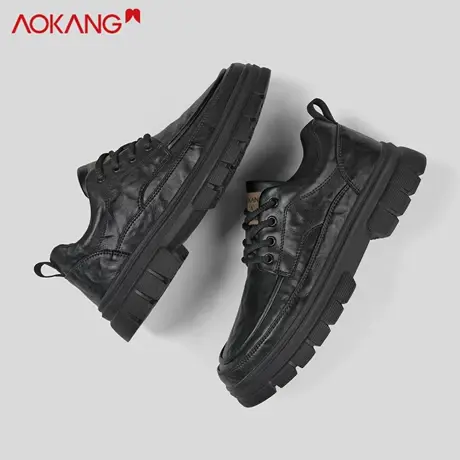 奥康男鞋黑色厚底休闲板鞋系带低帮马丁靴英伦风工装鞋潮流皮鞋男商品大图
