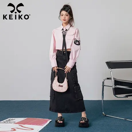 【赠领带】非正式学院粉色衬衫女2023秋季韩式制服甜辣风短款上衣商品大图