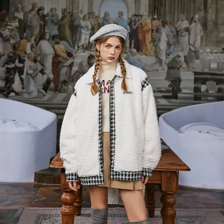 白色拼接羊羔毛棉服女2023年冬季外套新款复古潮牌宽松设计感棉衣商品大图