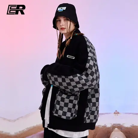ER仿羊羔毛拼接棋盘格牛仔棉衣2022年新款棒球服情侣夹棉外套冬季图片