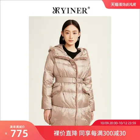 YINER音儿女装2022冬新款水貂毛边拼接连帽羽绒服商品大图