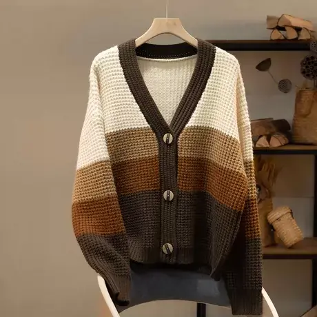 享永子【灵感调色盘】元宝针 安迪绒复古鲜明拼色针织开衫外套女图片