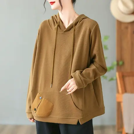 dza 复古贴布宽松连帽女士卫衣秋冬内搭打底休闲口袋上衣纯棉外套商品大图