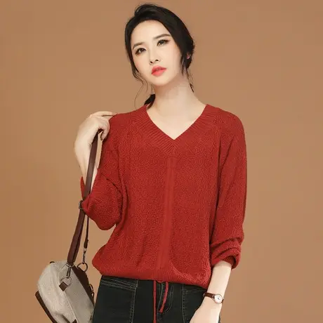 新品8.5折】红色设计感V领抽绳长袖套头毛衣女外穿针织衫图片