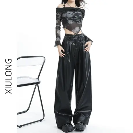 复古美拉德黑色皮裤女秋冬季2023新款PU皮褶皱设计感美式阔腿裤子图片