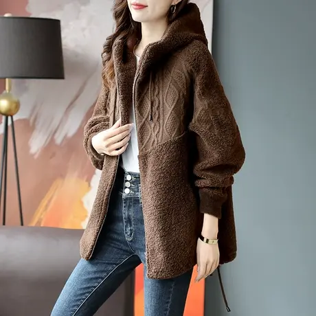 宝诗黎连帽针织拼接外套女2023秋新款羊羔毛韩版宽松百搭抽绳上衣商品大图