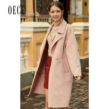 【买1送1】Oece秋冬装新款文艺格纹复古翻领个性设计双面呢大衣商品大图