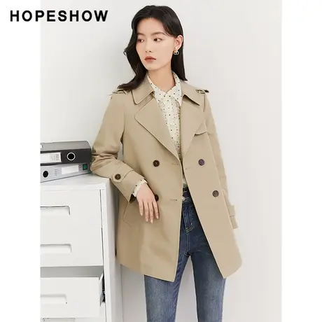 红袖outlets经典咖色翻领风衣hopeshow2023秋款宽松垫肩休闲外套图片