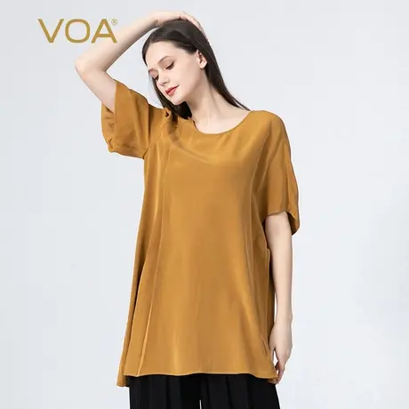 VOA30姆米重磅真丝圆领一边荷叶袖一边蝙蝠袖不对称下摆桑蚕丝T恤图片