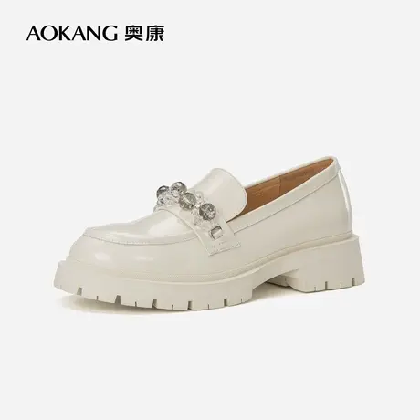 奥康女鞋 秋季气质女士单鞋乐福豆豆鞋黑色英伦风小皮鞋真皮图片